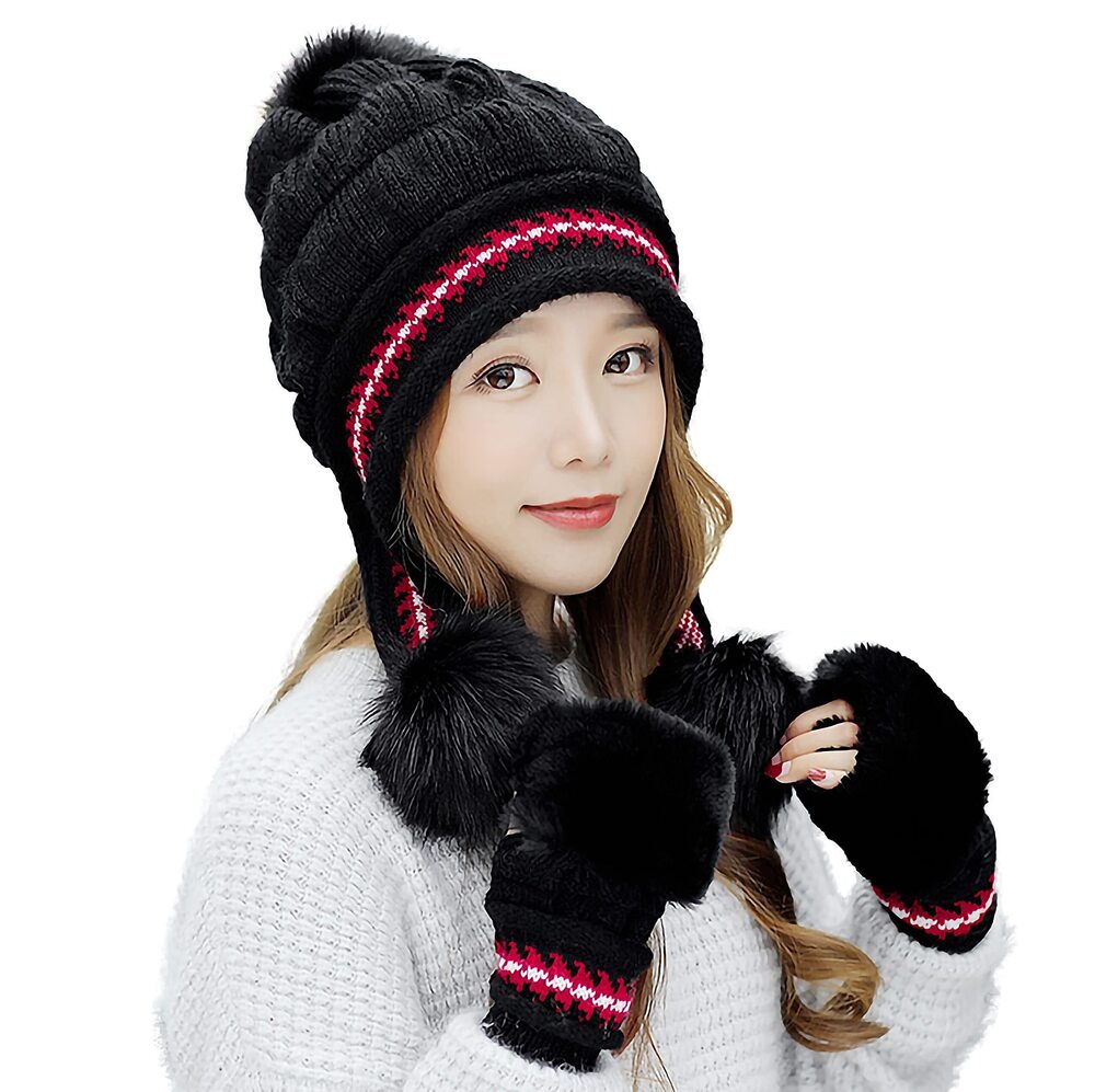 1461 Knit Beanie Winter Ski Hat Cap with Earflap Pom Glove Set,Black